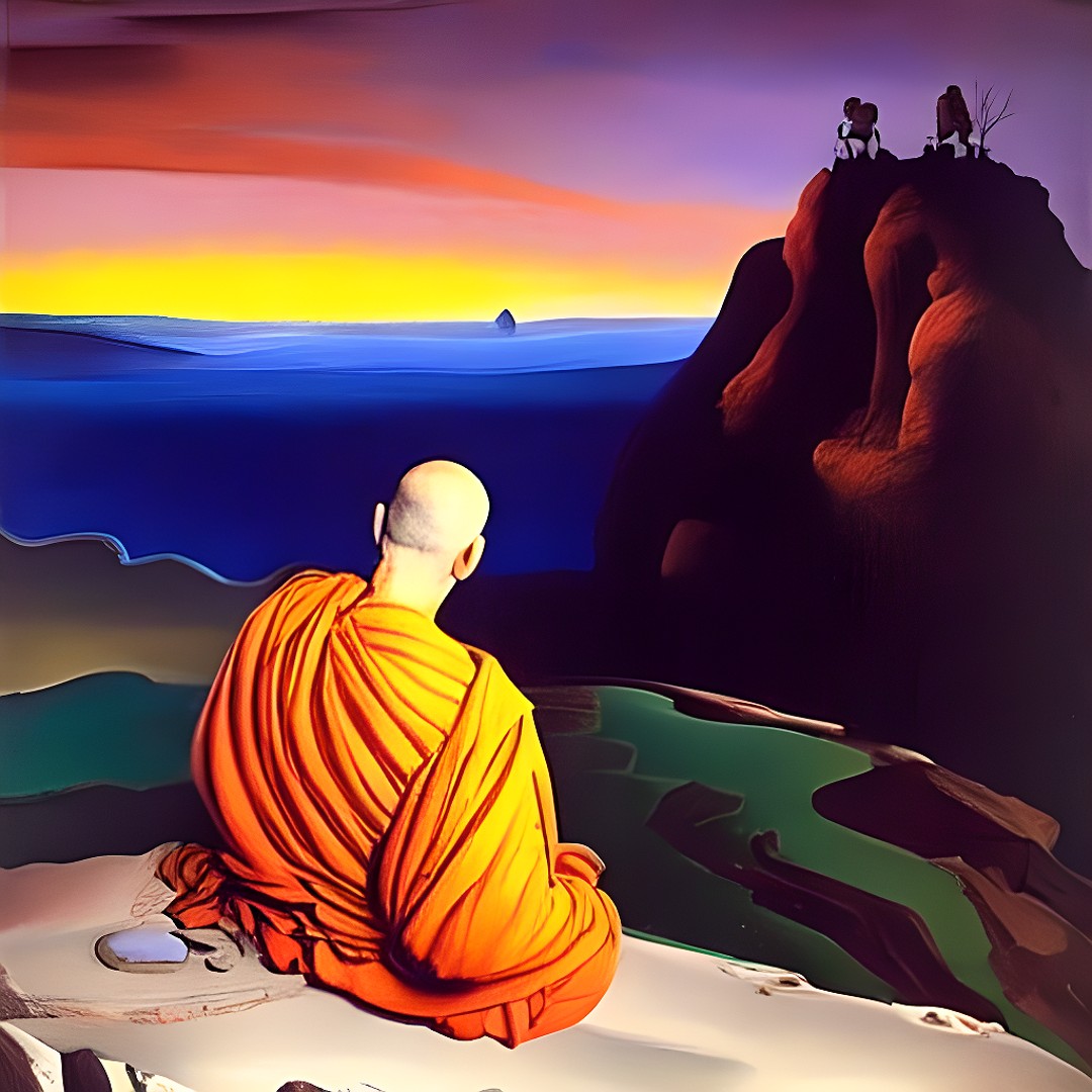 AI generated image: a monk on the top of a mountain appreciating the sunset and deeply thinking about his feelings and needs. oil paint by salvador dali